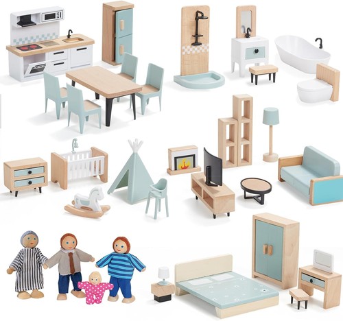 Wooden dollhouse furniture set - wooden,